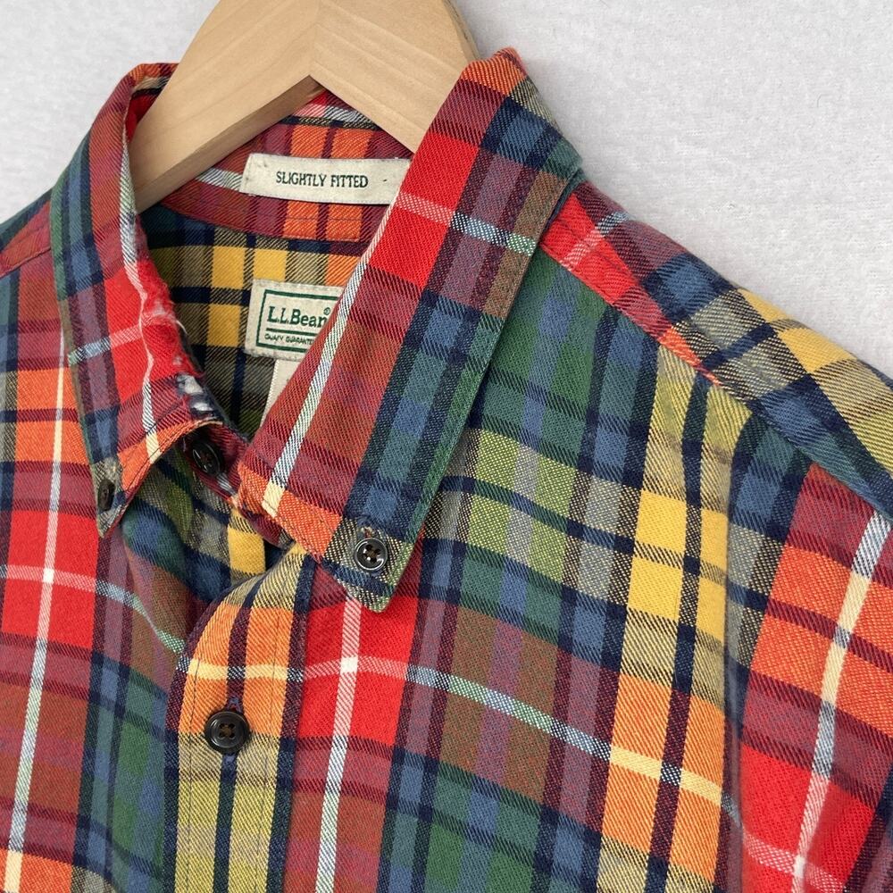LL BEAN Shirt Mens M Scotch Plaid Flannel Slightly Fitted Button Down Red Green - Picture 6 of 14
